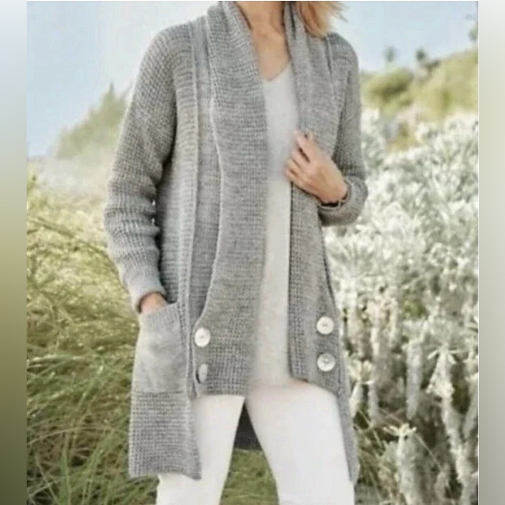 Soft Surroundings Townsend Cardigan Womens 1X Shawl Collar Open Chunky Knit Gray